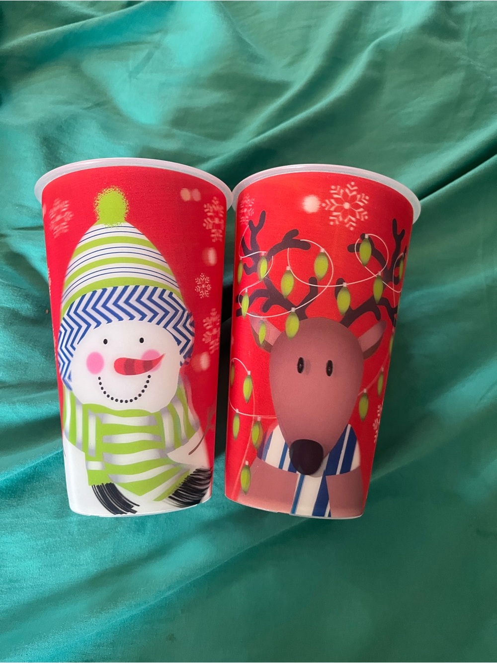Festive Snowman & Reindeer Holiday Cups - Red